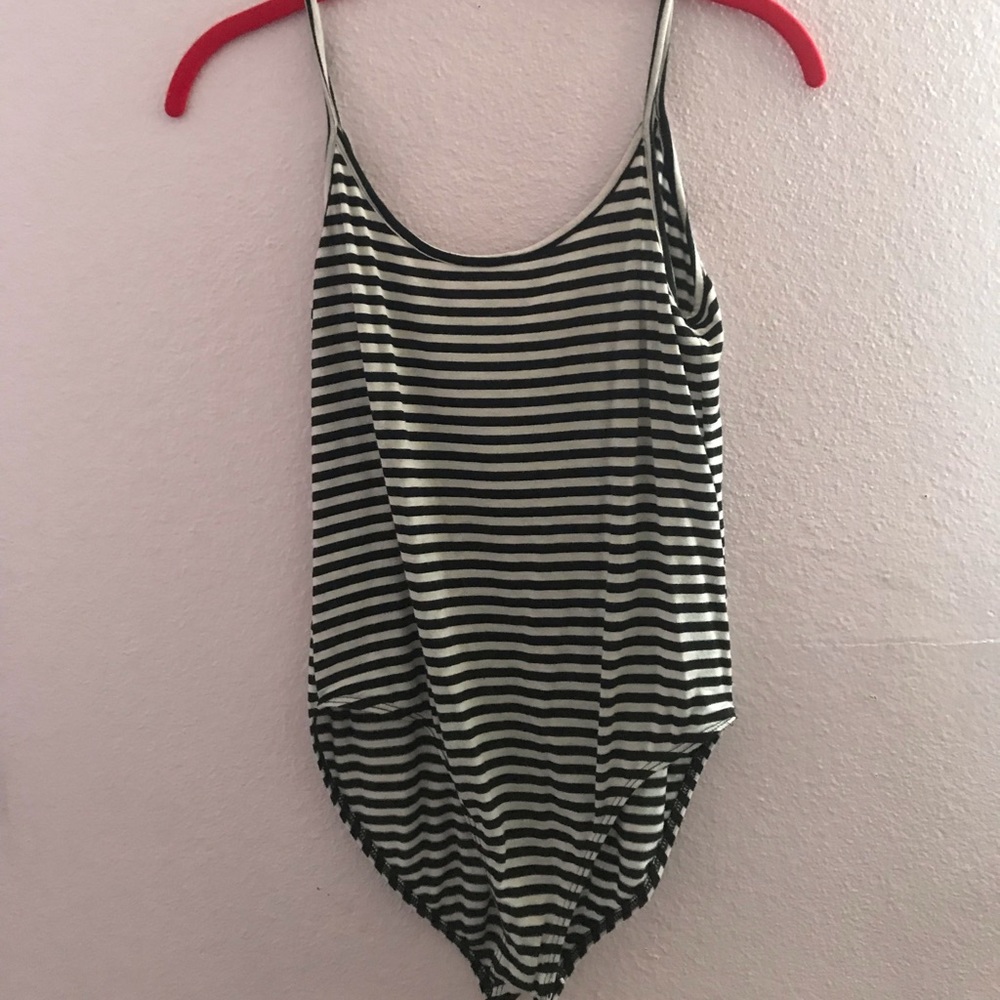 Navy blue and white striped bodysuit tank top